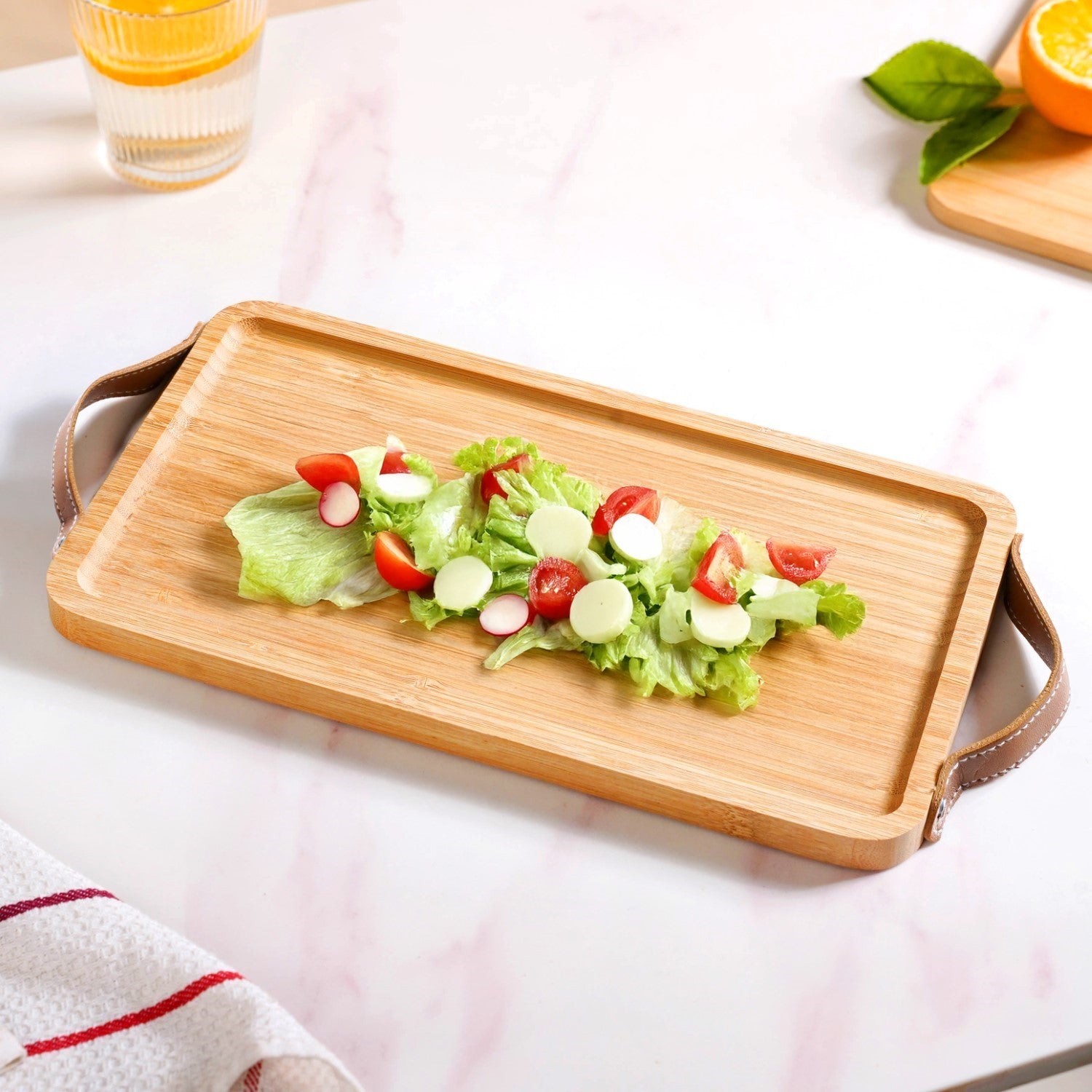 Bamboo Tray With Leather Handles 12inch