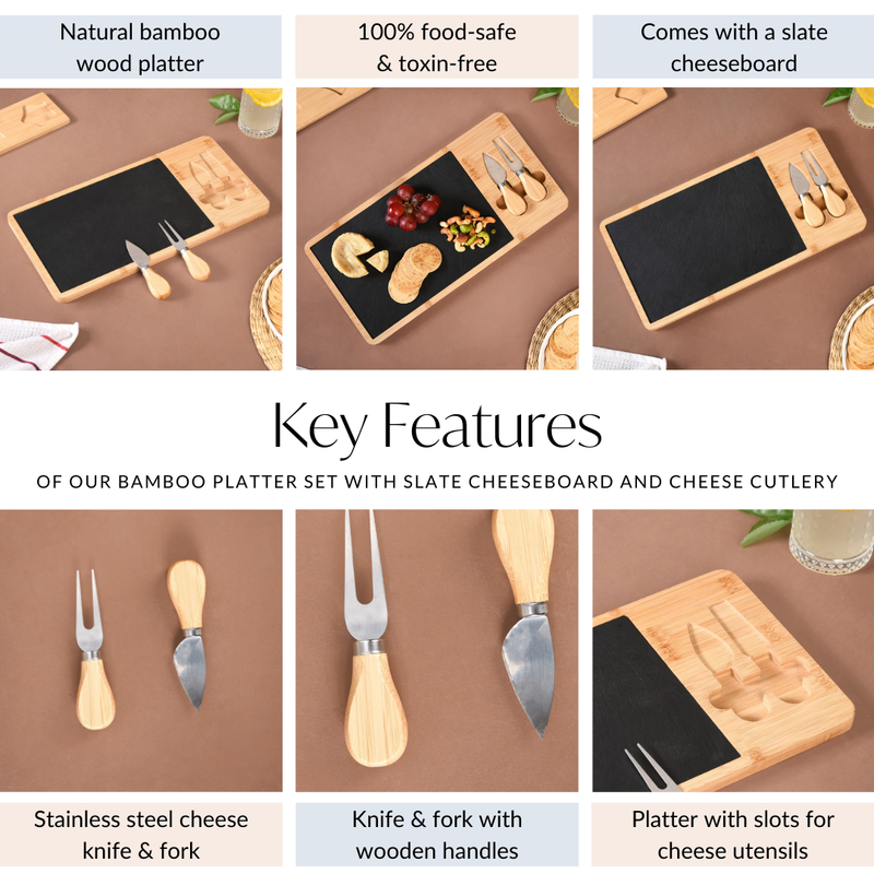Bamboo Platter Set With Slate Cheeseboard And Cheese Cutlery