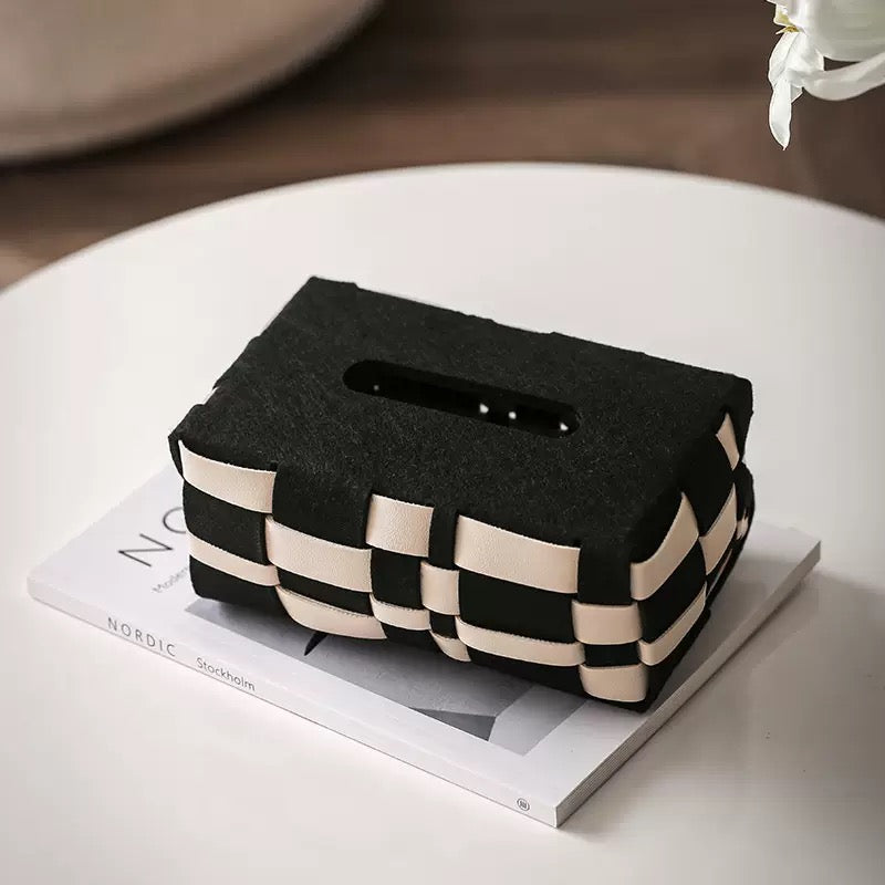 Basket Weave Vegan Leather Tissue Box Black And Beige