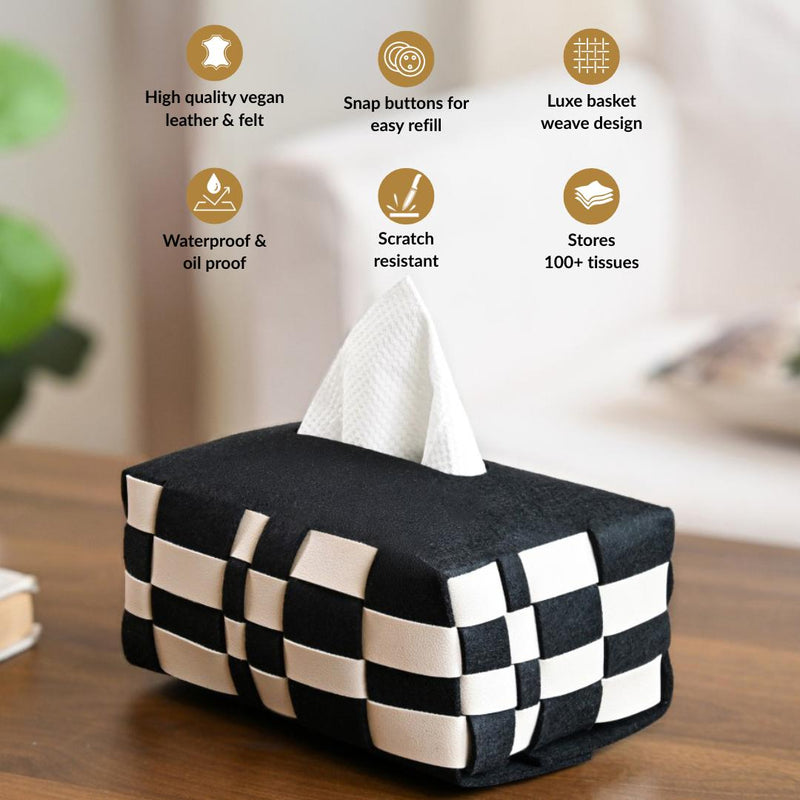 Basket Weave Vegan Leather Tissue Box Black And Beige