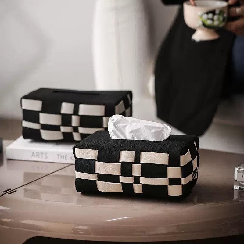 Basket Weave Vegan Leather Tissue Box Black And Beige