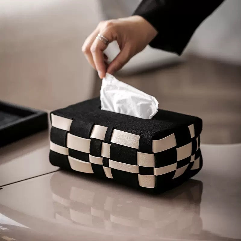 Basket Weave Vegan Leather Tissue Box Black And Beige