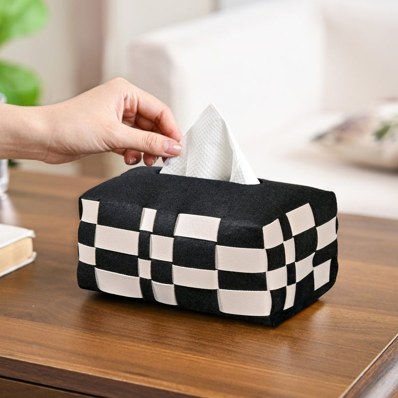 Basket Weave Vegan Leather Tissue Box Black And Beige