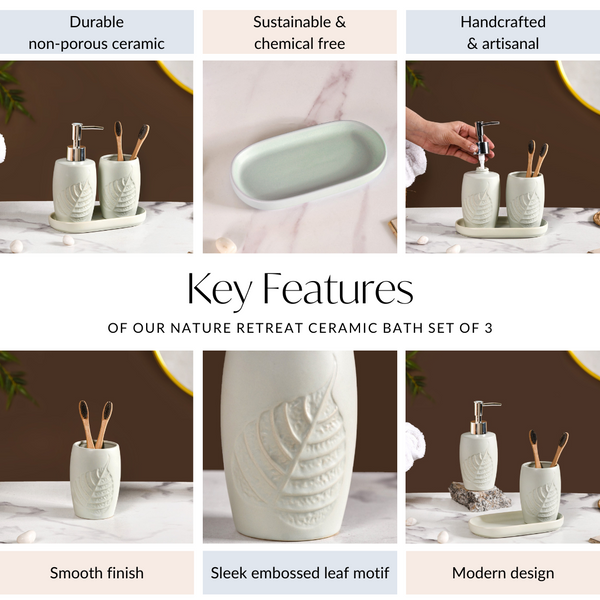 Nature Retreat Ceramic Bathroom Set Of 3 With Tray Light Sage