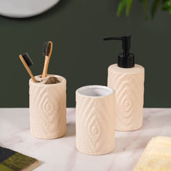 Tree Ring Textured Bathroom Accessories Set Of 3 Beige