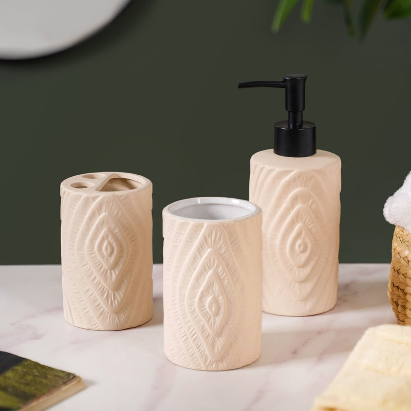 Tree Ring Textured Bathroom Accessories Set Of 3 Beige