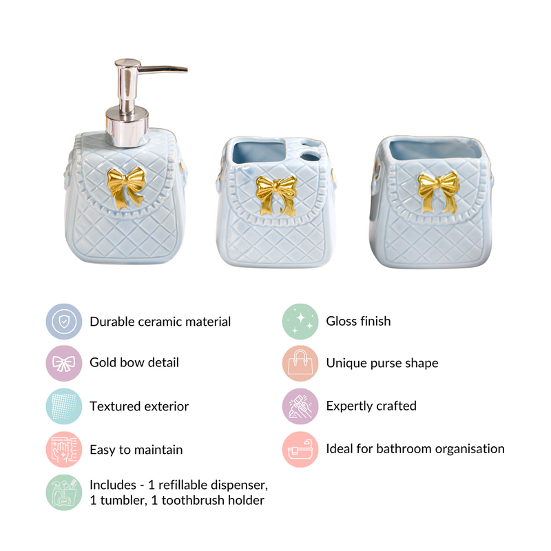 Bow Detail Blue Ceramic Bath Accessories Set Of 3