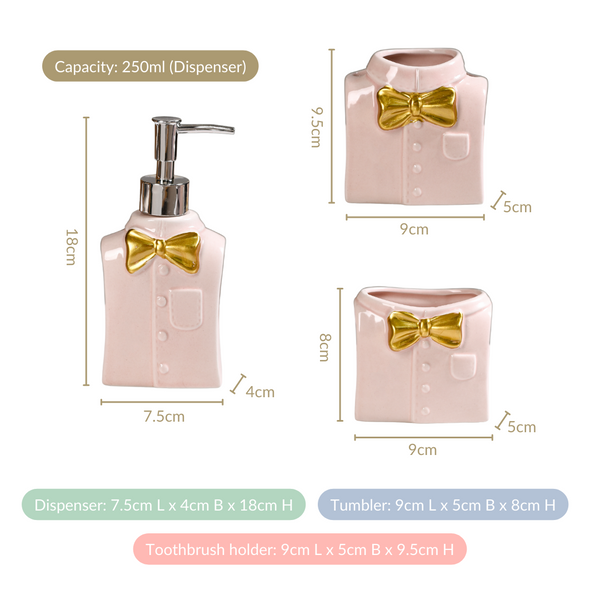 Pink Gloss Bowtie Shirt Ceramic Bath Set Of 3