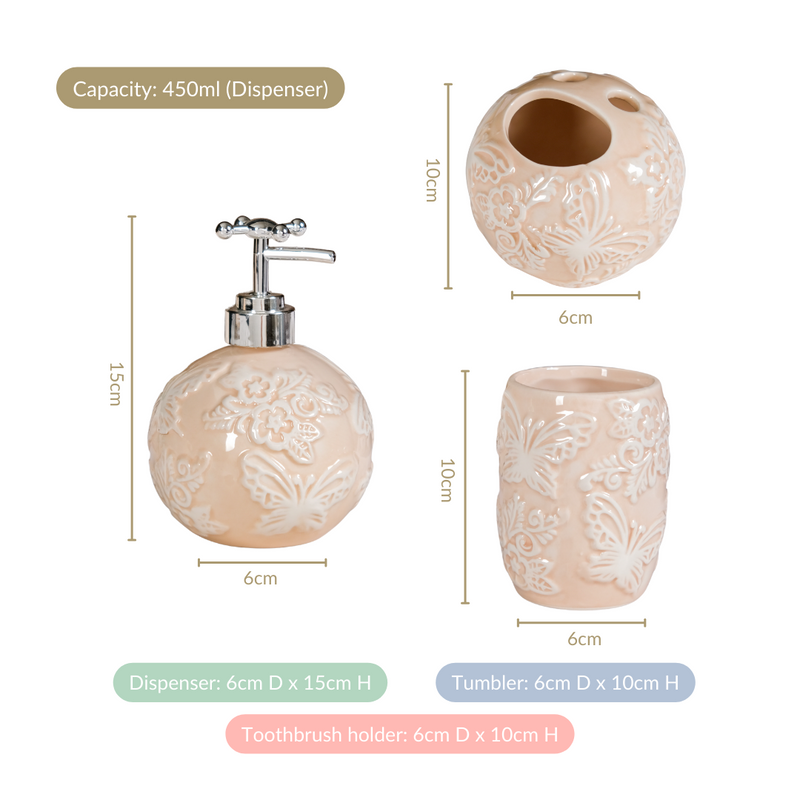 Beige Embossed Ceramic Bath Set Of 3