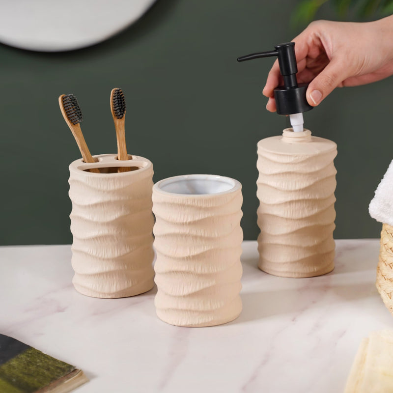 Wave Design Bathroom Accessories Set Of 3 Beige