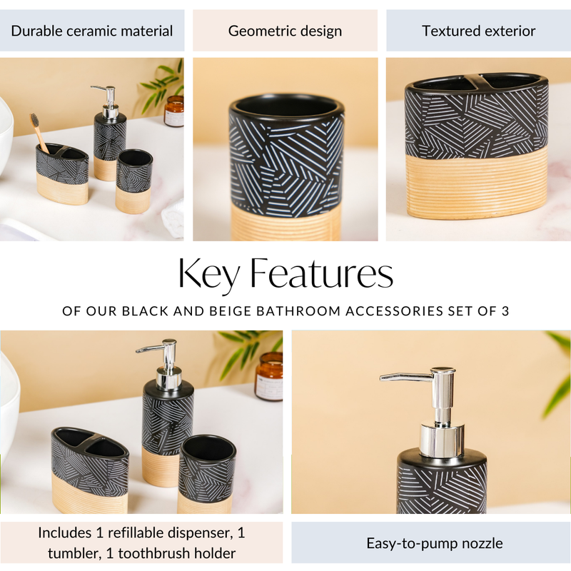 Black And Beige Geometric Bathroom Accessories Set Of 3
