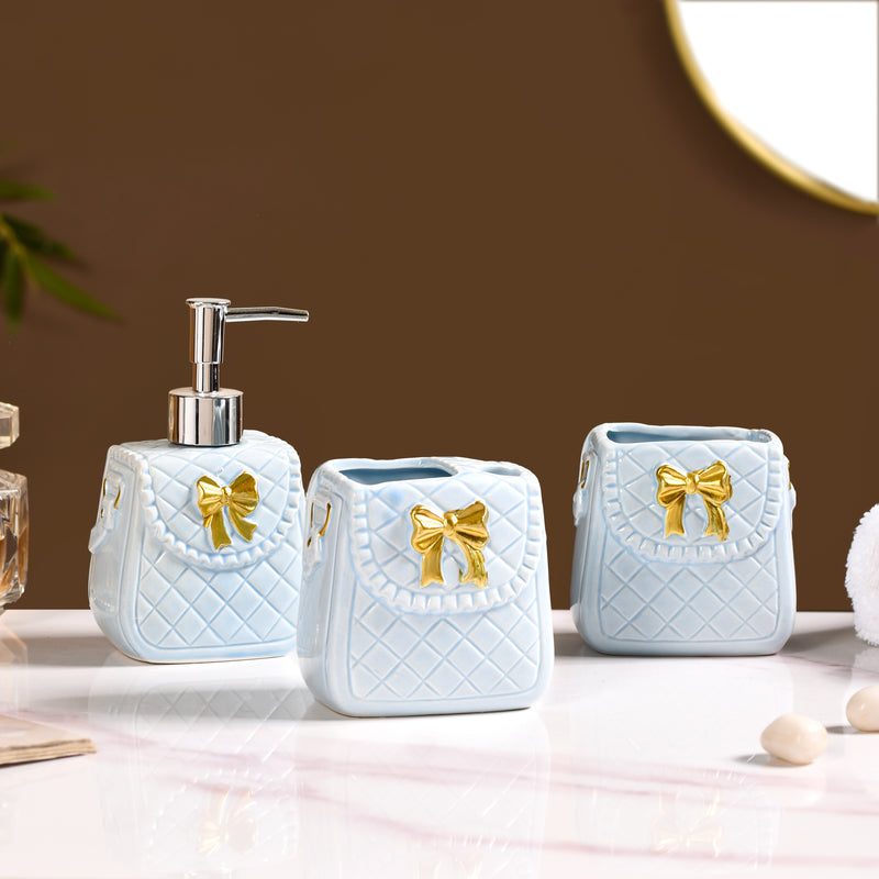 Bow Detail Blue Ceramic Bath Accessories Set Of 3
