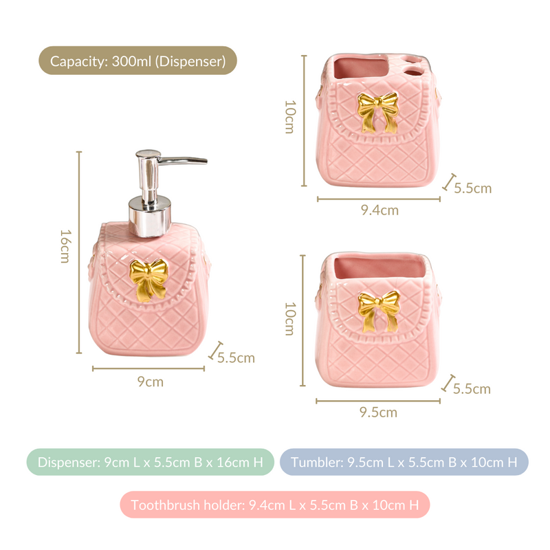 Pink Ceramic Bag Shaped Bath Set Of 3