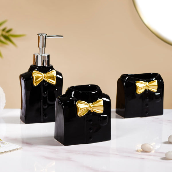 Dapper Shirt With Bow Ceramic Bath Set Of 3 Black