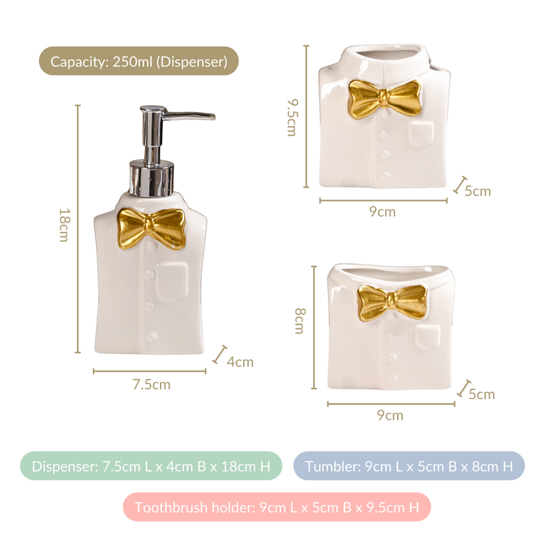 Eclectic Bow Tie Shirt Ceramic Bath Set Of 3 White