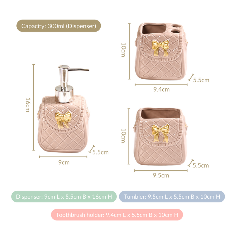 Taupe Gold Bow Accented Bath Accessories Set Of 3