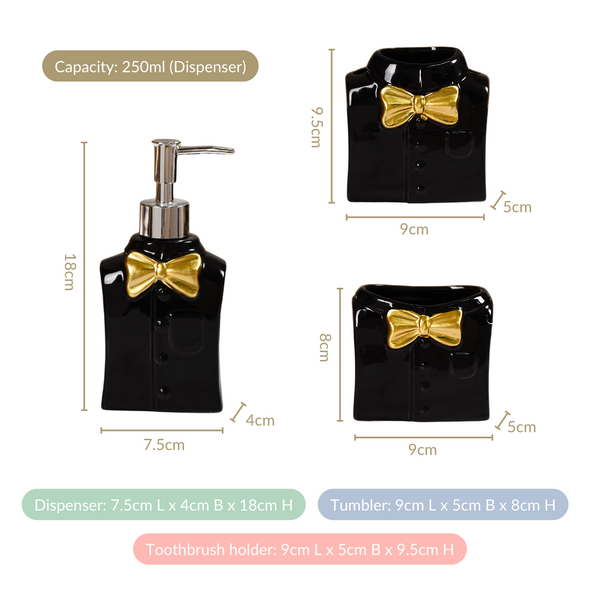 Dapper Shirt With Bow Ceramic Bath Set Of 3 Black