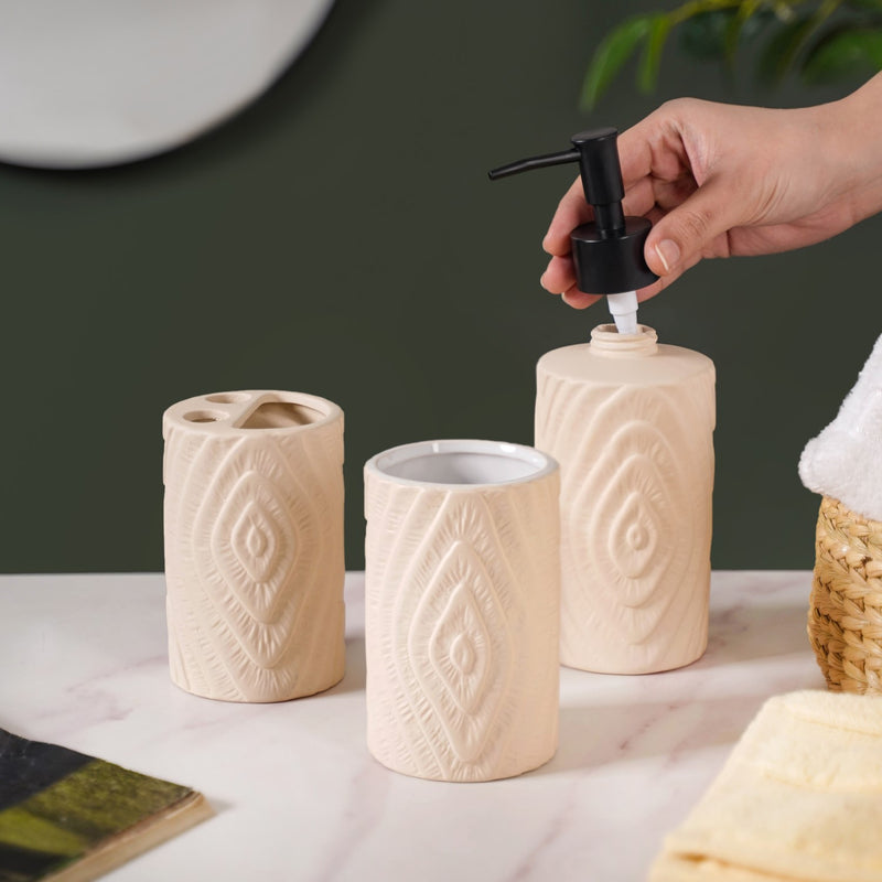 Tree Ring Textured Bathroom Accessories Set Of 3 Beige