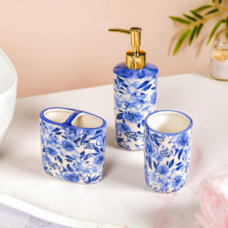 Floral Blue Bath Accessory Set Of 3