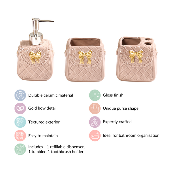 Taupe Gold Bow Accented Bath Accessories Set Of 3