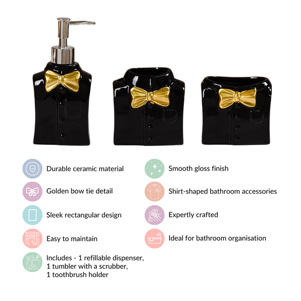 Dapper Shirt With Bow Ceramic Bath Set Of 3 Black