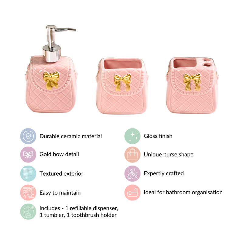 Pink Ceramic Bag Shaped Bath Set Of 3