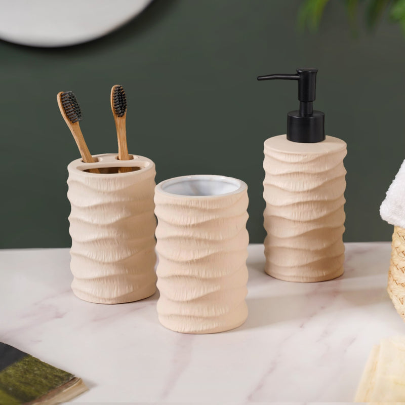 Wave Design Bathroom Accessories Set Of 3 Beige