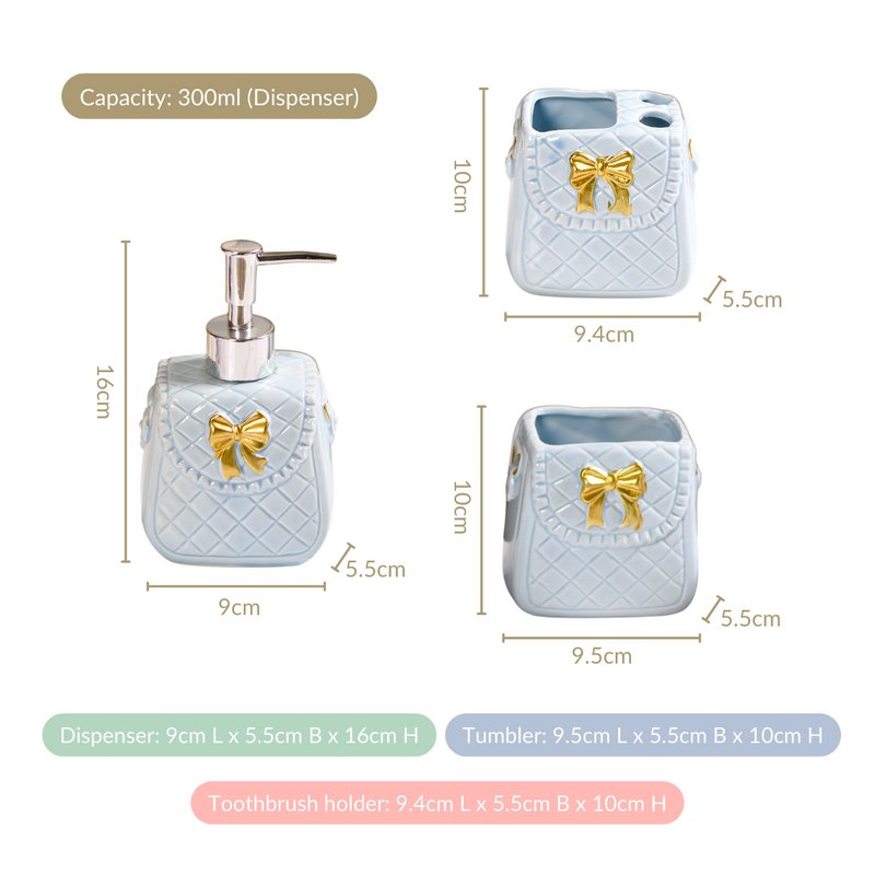 Bow Detail Blue Ceramic Bath Accessories Set Of 3
