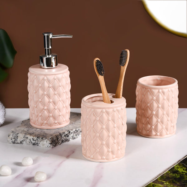 Peach Knit Design Ceramic Bathroom Accessories Set Of 3