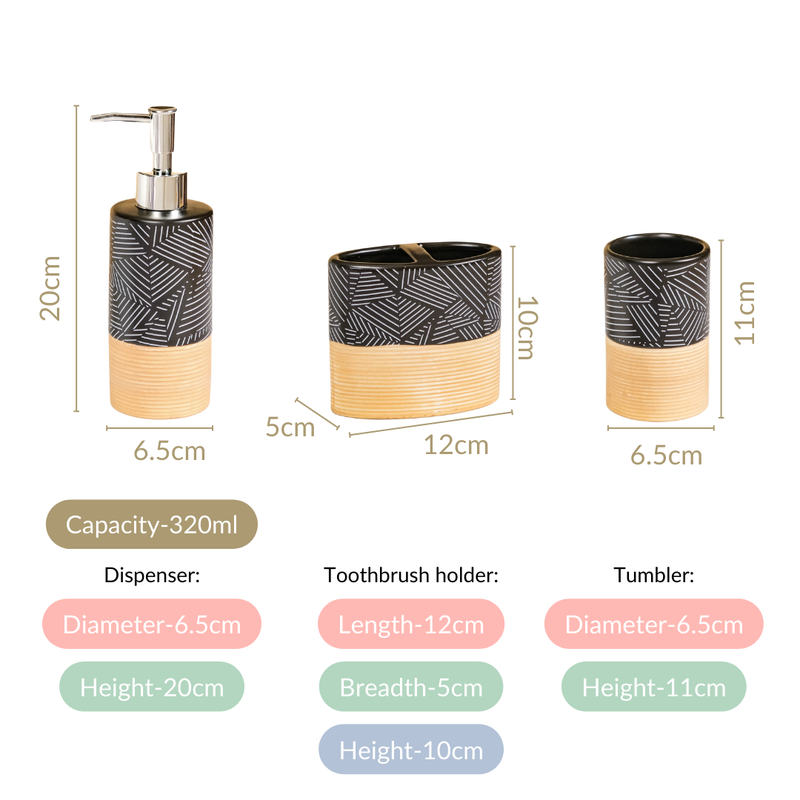 Black And Beige Geometric Bathroom Accessories Set Of 3