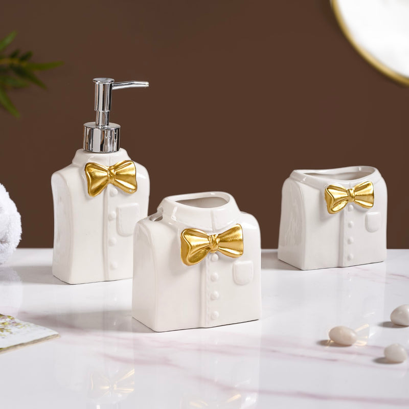 Eclectic Bow Tie Shirt Ceramic Bath Set Of 3 White