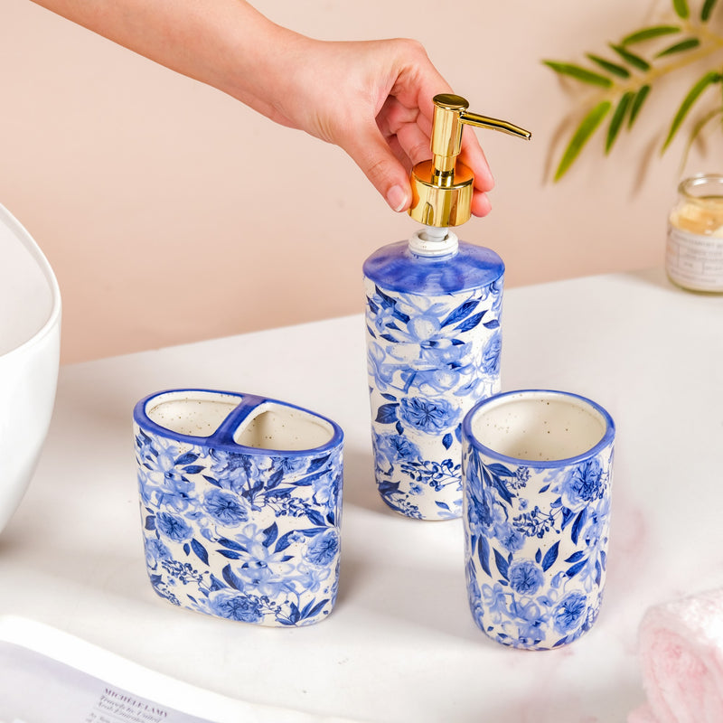 Floral Blue Bath Accessory Set Of 3