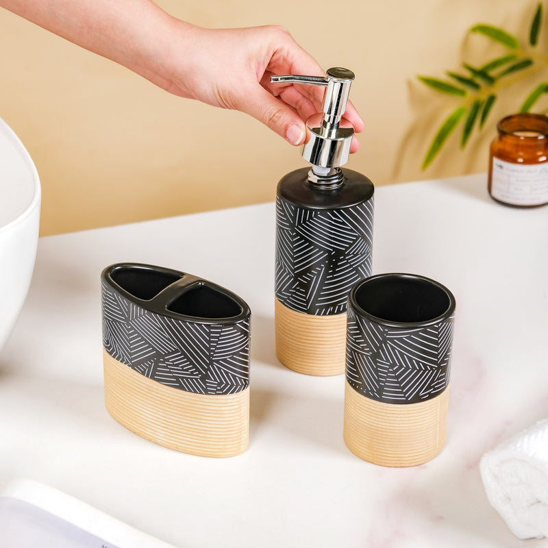Black And Beige Geometric Bathroom Accessories Set Of 3