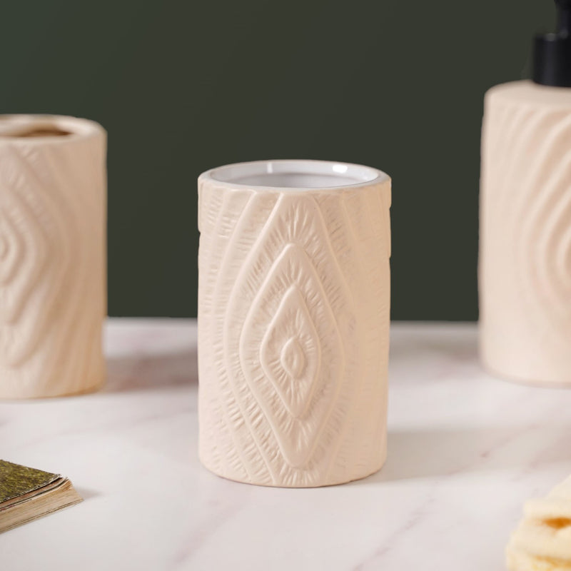 Tree Ring Textured Bathroom Accessories Set Of 3 Beige