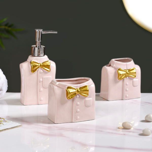 Pink Gloss Bowtie Shirt Ceramic Bath Set Of 3