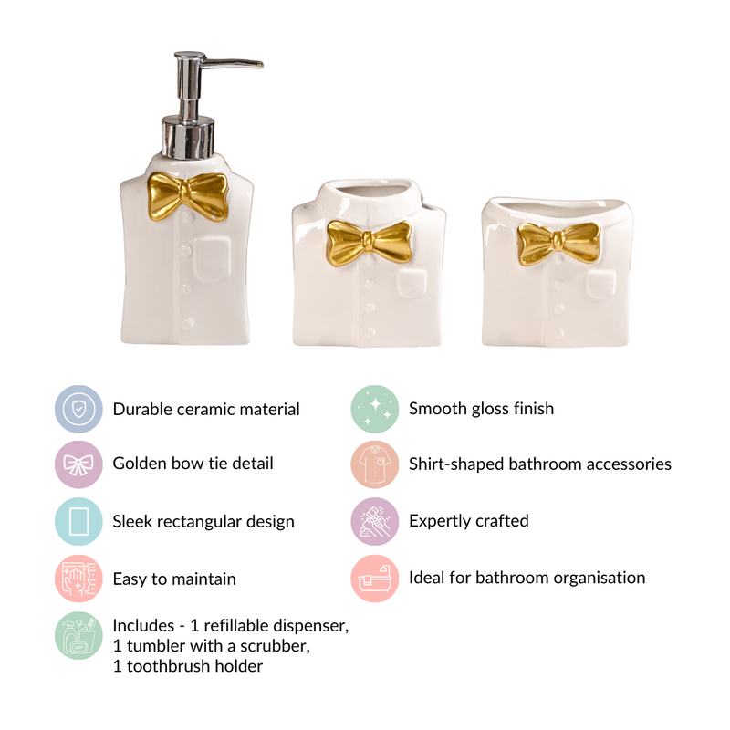 Eclectic Bow Tie Shirt Ceramic Bath Set Of 3 White