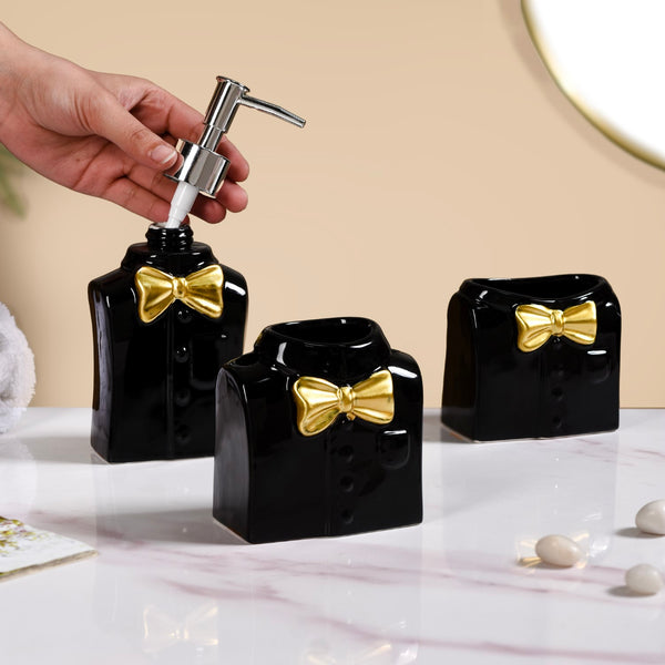 Dapper Shirt With Bow Ceramic Bath Set Of 3 Black