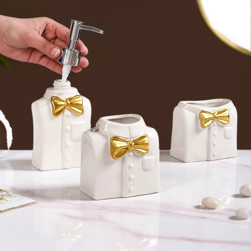 Eclectic Bow Tie Shirt Ceramic Bath Set Of 3 White