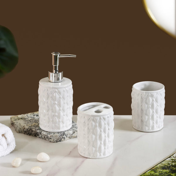 White Cross Knit Ceramic Bathroom Accessories Set Of 3