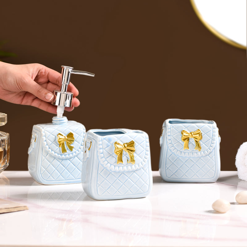 Bow Detail Blue Ceramic Bath Accessories Set Of 3