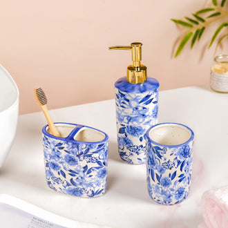 Floral Blue Bath Accessory Set Of 3