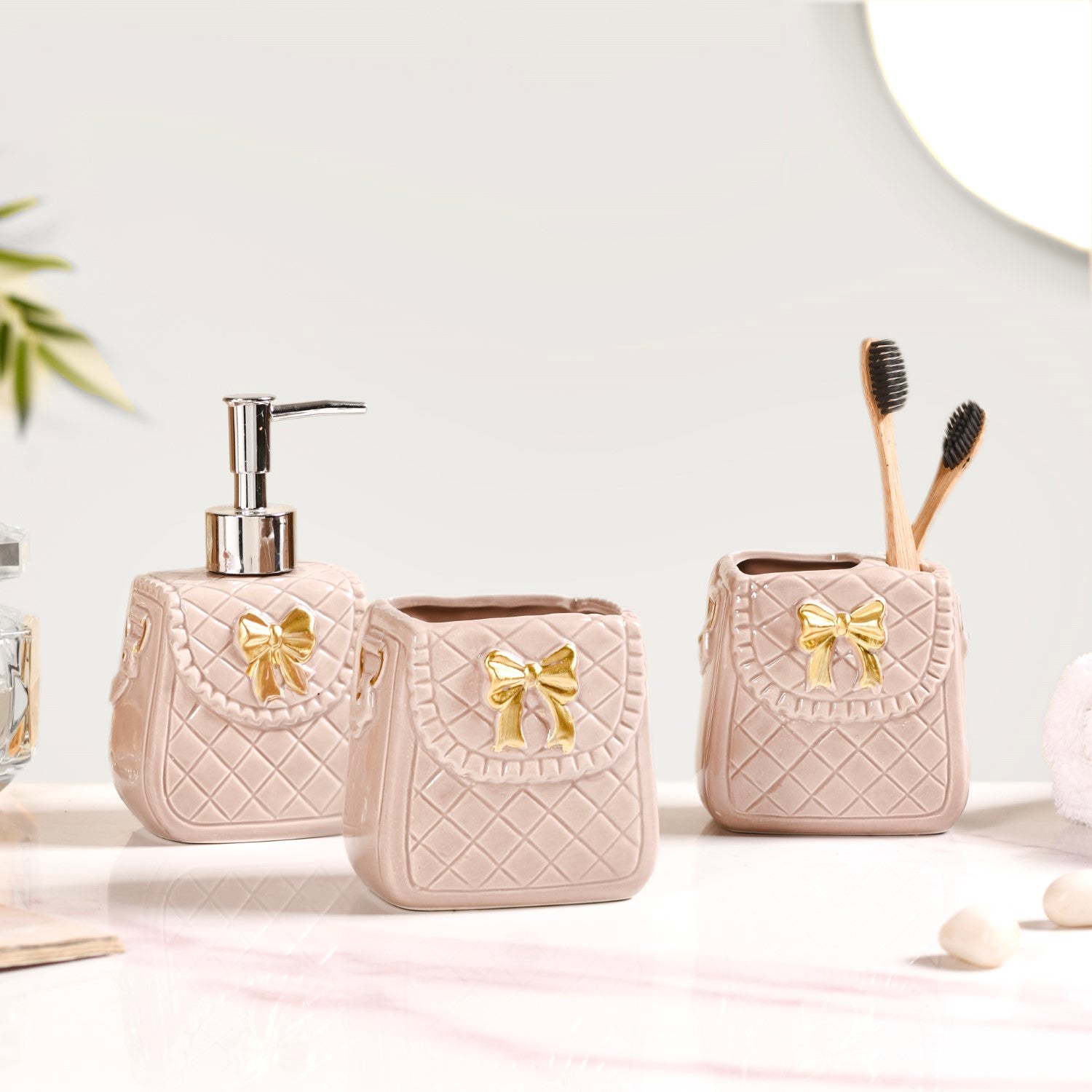 Taupe Gold Bow Accented Bath Accessories Set Of 3 Online - Premium Bath ...