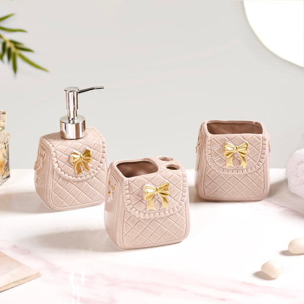 Taupe Gold Bow Accented Bath Accessories Set Of 3