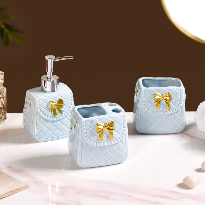 Bow Detail Blue Ceramic Bath Accessories Set Of 3
