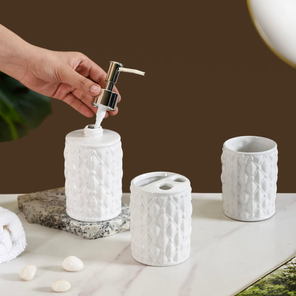 White Cross Knit Ceramic Bathroom Accessories Set Of 3