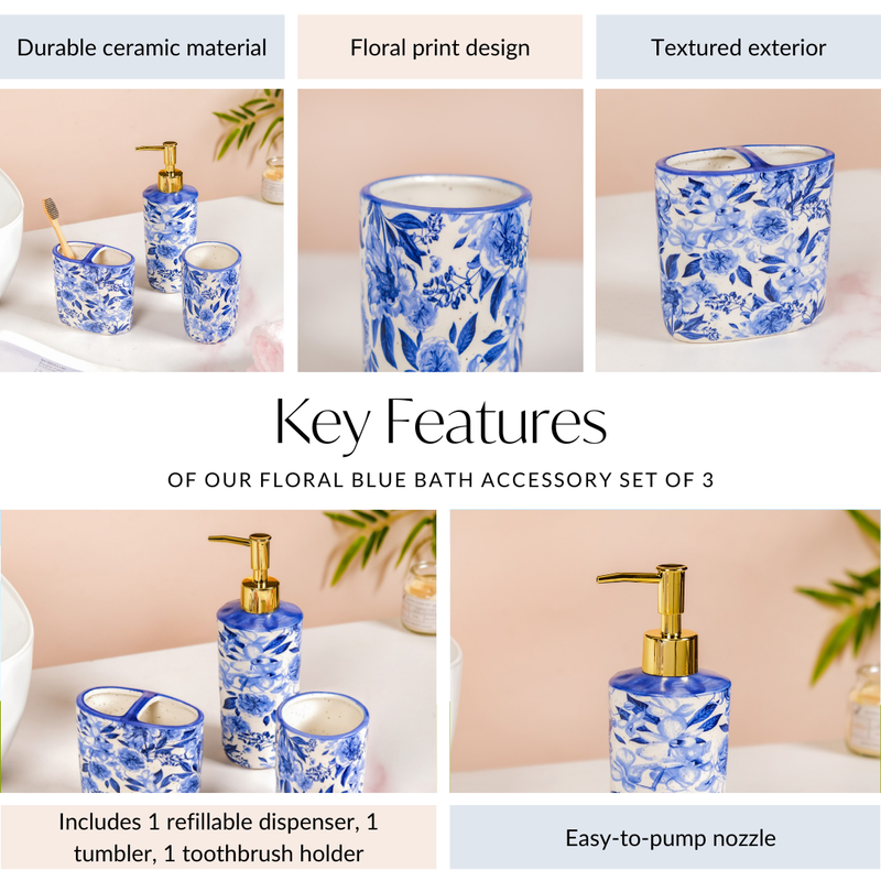 Floral Blue Bath Accessory Set Of 3