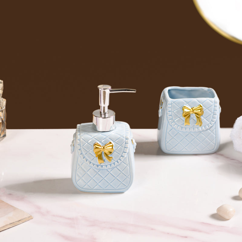Bow Detail Blue Ceramic Bath Accessories Set Of 3
