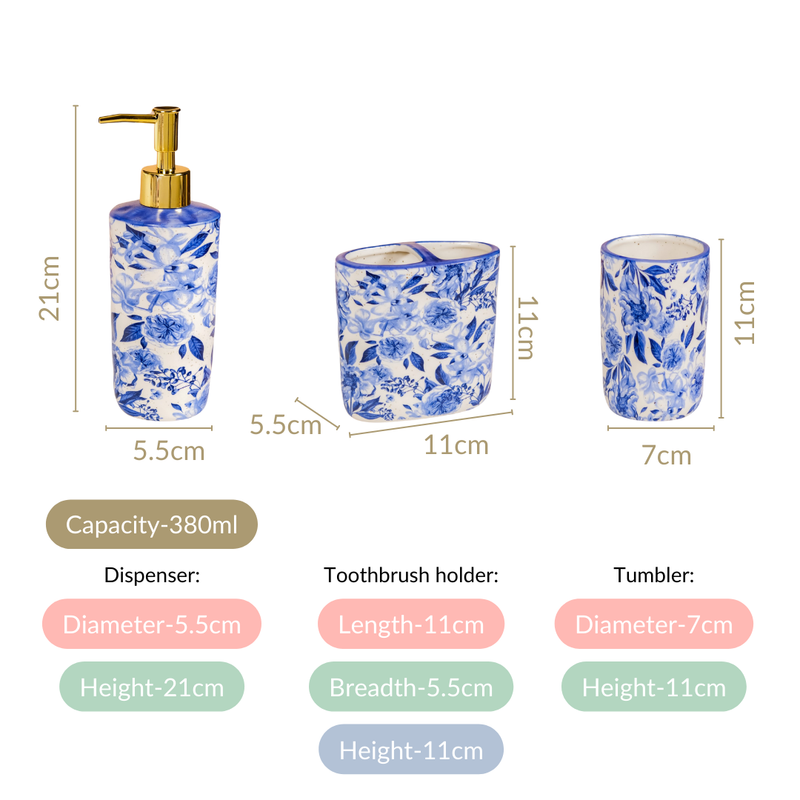 Floral Blue Bath Accessory Set Of 3