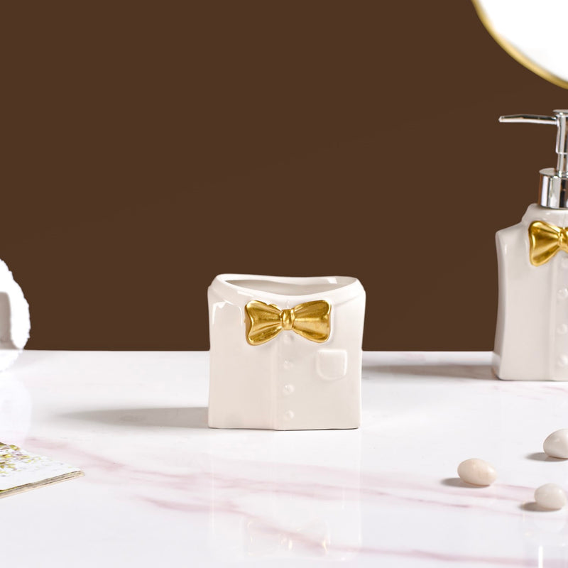 Eclectic Bow Tie Shirt Ceramic Bath Set Of 3 White