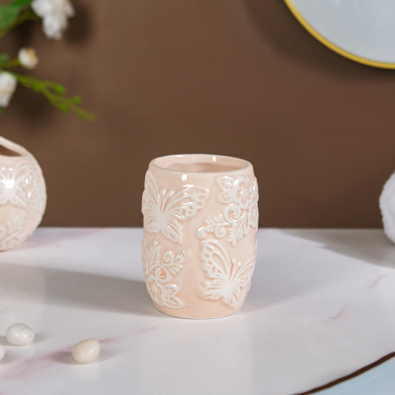 Beige Embossed Ceramic Bath Set Of 3